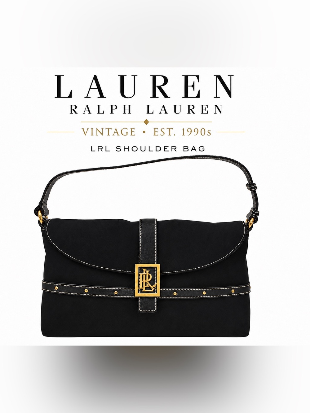 Vintage Lauren Ralph Lauren Black Nylon Leather Shoulder Bag Gold LRL Y2K